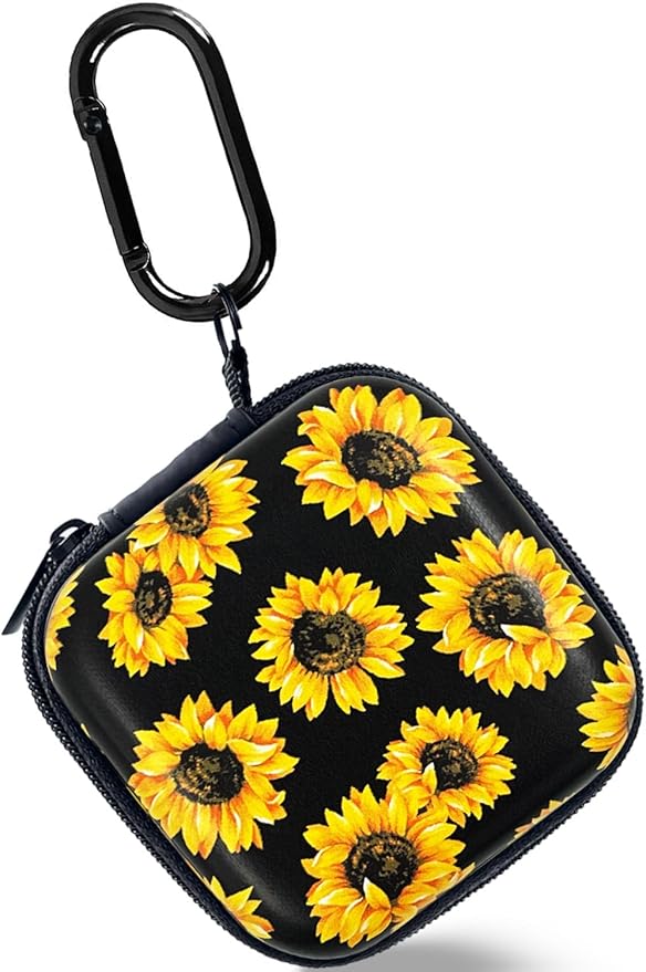 Earbud Case Headphone Organizer Ear Bud Case Portable EVA Carrying Box Storage Bag with Carabiner for AirPods Beats Bose Galaxy Buds 4/3/FE Data Cable Storage (Sunflower)
