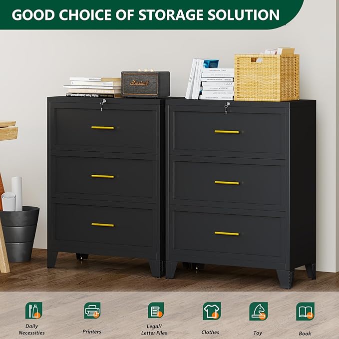 winiowa 3 Drawer File Cabinet, Metal Lateral File Cabinet with Lock, Locking Filing Cabinets for Home Office,Wide Office Storage Cabinet for Hanging Files Letter/Legal/F4/A4 Size (Black, 3-Drawer)