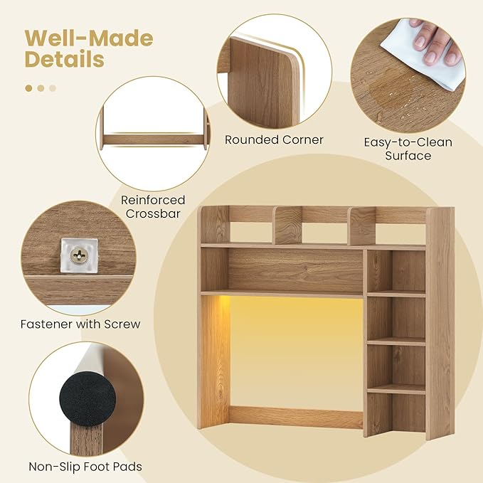 Tangkula Desktop Bookshelf with LED Lights, Desk Hutch with 8 Shelves for Max 25" Monitor, Desktop 5-Tier Display Rack, Multipurpose Wood Desktop Storage Hutch Organizer for Dorm Office Home (Natural)