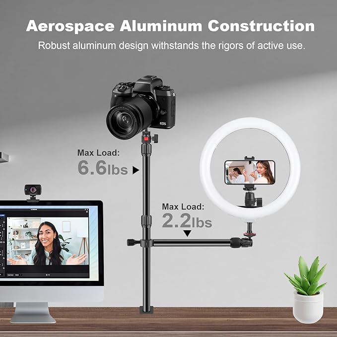Camera Desk Mount Table Stand with Magic Arm & Ball Head, Table Light Stand with C Clamp, Webcam Desk Camera Mount for DSLR Ring Light Mic Live Streaming Vlog (811003)