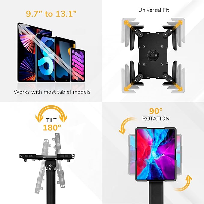 Mount-It! Anti-Theft Universal Tablet Floor Stand Kiosk, Locking Enclosure for iPad, Galaxy Tab & Surface Pro 9.7"–13.1", Height Adjustable 27.5"–47", Commercial Kiosk Stand, Black