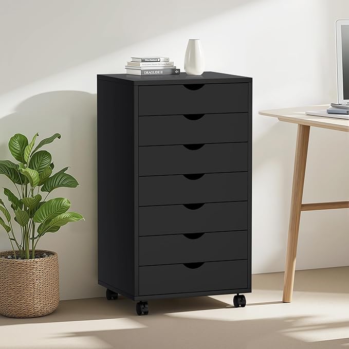 7 Drawer File Cabinet, Under Desk Storage Organization with Wheels, Mobile Filing Chest for Small Desk Printer Stand for Home Office, Black