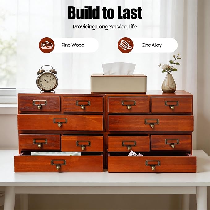 4 Packs Vintage Desktop Apothecary Cabinet with 3 Drawers, Vintage Desktop Organizer Wood Desktops Organizers Stackable Drawers Chest Drawer for Herb Storage Tea Collection Stationery (Brown)