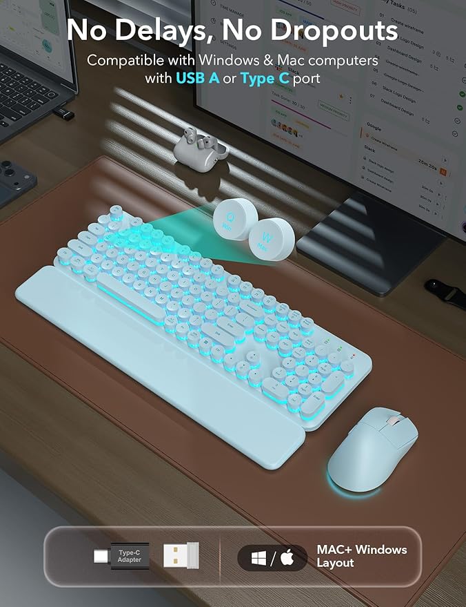 Wireless Keyboard and Mouse Backlit - Typewriter Keyboard with Detachable Wrist Rest, Light Up Letters, 2.4G Rechargeable Combo for Mac, Windows, PC, Laptop, Trueque (Blue)