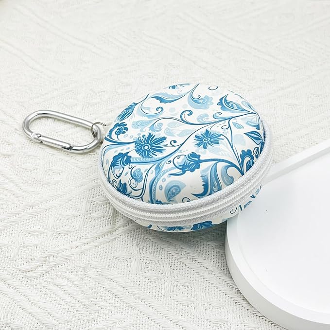 Earbud Case Headphone Organizer Ear Bud Case Portable EVA Carrying Box Storage Bag with Carabiner for AirPods Beats Bose Galaxy Buds 4/3/FE Data Cable Storage (Blue Floral)