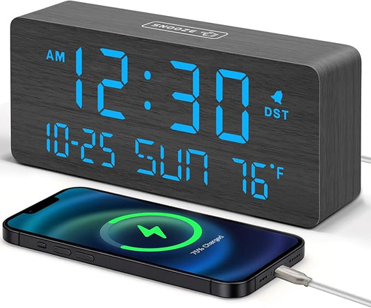 DreamSky Wooden Digital Alarm Clocks for Bedrooms - Living Room Desk Clock with Date and Day of Week, Temperature, USB Port, Dimmer Wheel, Adjustable Volume, Auto DST, Wood Decor for Office Table