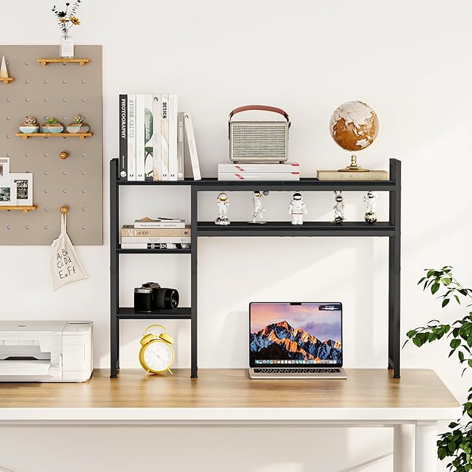 Snughome Desk Shelf, 38.6" Adjustable Desktop Organizer Shelf, Desk Hutch for Computer Monitor Stands, 4 Tier Desktop Display Rack, Wood Desktop Bookshelf Storage Rack for Home Office Dorm, Black