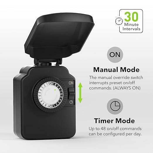BN-LINK 24 Hour Heavy Duty Mechanical Timer, Outdoor Timer Outlet Waterproof with 30 Minutes Intervals, 1 Grounded Outlets for Christmas Lights Pool Pump,15A 1/2HP, ETL Listed