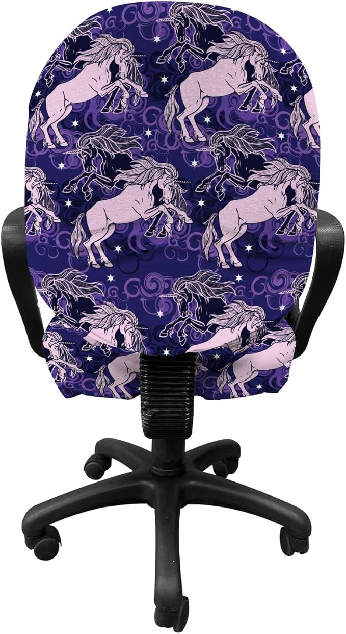 Ambesonne Unicorn Office Chair Slipcover, Dreamy Star Mystic Creature Galloping Among Night Clouds Cosmos Theme, Protective Stretch Decorative Fabric Cover, Standard Size, Lilac Indigo