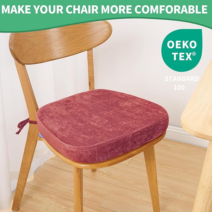 2.5" Thick Chair Cushions for Dining Chair, Corduroy High Density Foam Kitchen Chair Pads, U Shaped Indoor Seat Cushions with Ties & Non-Slip Backing, Washable Cover, 17''x16.5'', Pink