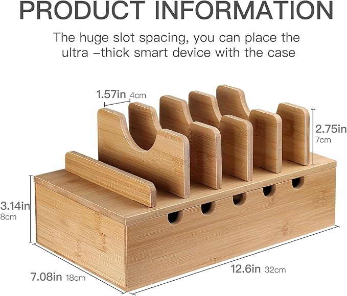 MINCORD Bamboo Charging Station for Multiple Devices, Cell Phone Docking Charging Station Organizer, Nightstand Bedside Desk Device Charger Organizer for Laptop, Tablets and iPads