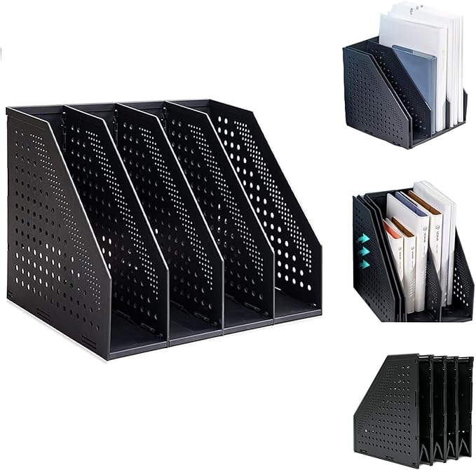 Marte Vanci Collapsible Magazine File Holder with 4 Vertical Compartments, Binder Holder for Desk, Desktop Binder Organizer for Notebook, Documents, Book, School Office Supplies(Black)