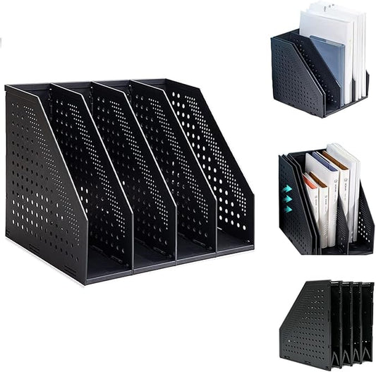 Marte Vanci Collapsible Magazine File Holder with 4 Vertical Compartments, Binder Holder for Desk, Desktop Binder Organizer for Notebook, Documents, Book, School Office Supplies(Black)