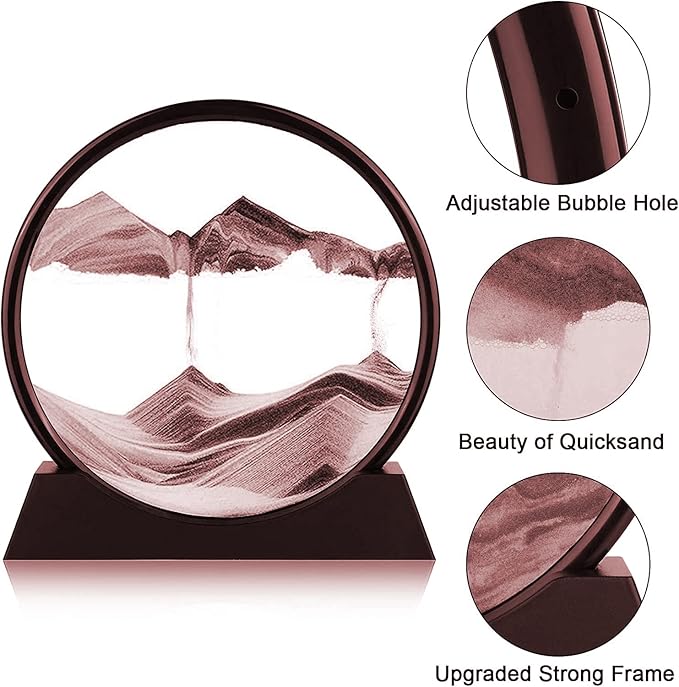 rysnwsu 3D Dynamic Sand Art Liquid Motion, Moving Sand Art Picture Round Glass 3D Deep Sea Sandscape in Motion Display Flowing Sand Painting Relaxing Desk Toys (Brown, 7'')