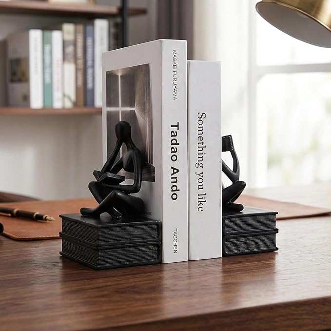 Heavy Duty Book Ends for Shelves, Thinker Bookends Set of 2 Decorative Book Ends for Heavy Books, Modern Unique Shelf Decor for Home Office Living Room Desk