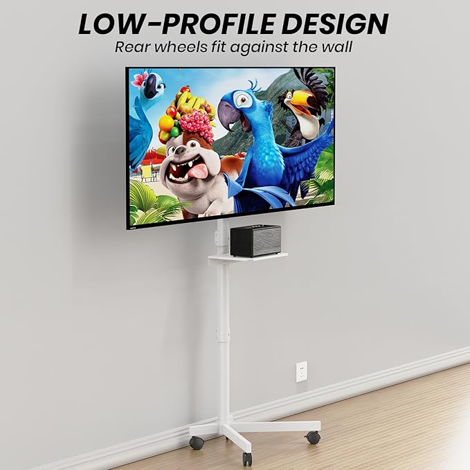Mobile TV Cart for 23-60 Inch LCD LED OLED Flat Curved Screen TVs - Height Adjustable Rolling Floor Stand with Shelf and Locking Wheels - Up to 88lbs, Max VESA 400x400mm, White