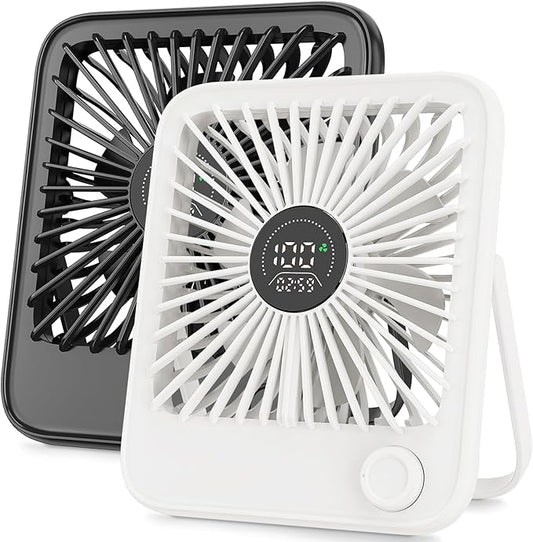 Ouddy Mode 2 Pack Small Desk Fan, Rechargeable Quiet Portable Travel Fan with 100 Wind Speeds Digital Display White and Black Personal Fans for Office Bedroom Home Outdoor