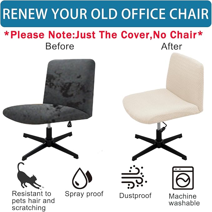 Vanity Chair Cover Criss Cross Chair Cover Elastic Armless Chair Slipcover Armless Chair Covers Office Chair Covers (Cream,Just The Cover,No Chair)
