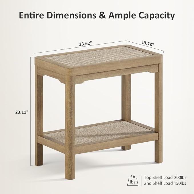 Eclatara Night Stand, Farmhouse End Table with 2 Tier Boho Rattan Shelves, Side Tables with Round Edge Design, Ultra-Thick Legs Bedside Nightstand for Bedroom, Caramel Oak