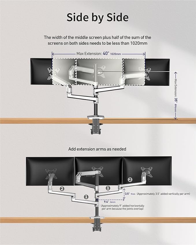 Ergounion Heavy Duty Triple Monitor Mount, Mechanical Spring 3 Monitor Arm for Ultrawide & Curved Screens, Fits Three 13-40 Inch Displays up to 25 lbs Per Arm, Premium Aluminum VESA Stand, Silver