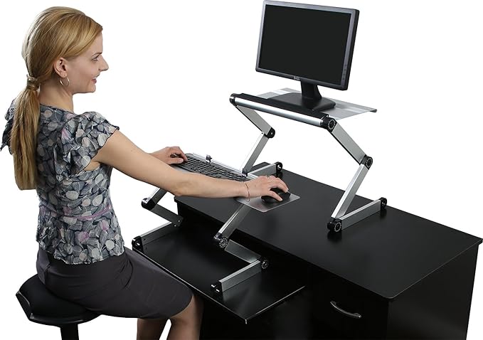 WorkEZ Adjustable Standing Desk Converter, Sit to Stand Desk Riser, Standing Desk for Laptop Monitor, Adjustable Height & Angle Negative Tilt, Silver