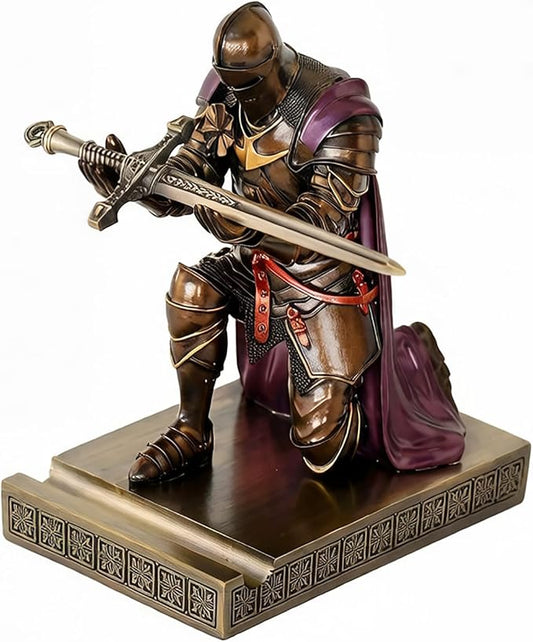 Medieval Armored Warrior Wearing Outerwear, Mobile Phone Stand Knight Pen Holder Desk Organizers, Resin Bookends Paperweight with a Letter Opener for Desk (Brown&Purple)