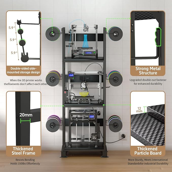 3DPrinter Stand with Filament Storage,3D Printer Rack with Power Outlet,Heavy-Duty 3D Print Storage Shelf for ABS/PLA/TPU Filament Spools,Perfect for 3D Printing Workshops,Carbon Fiber Black