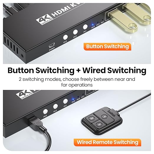 4K60Hz HDMI KVM Switch 1 Monitor 3 Computers, USB 3.0 3 Port KVM Switch - Control 3 Computers with 1 Monitor, Keyboard and Mouse, 4-Port USB 3.0 Hub