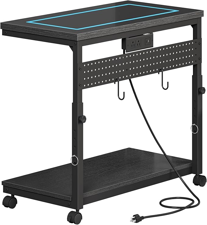 CHOEZON 31.5" Large Computer Tower Stand with Power Outlet, Under-Desk PC Cart with 2 Hooks, PC Stand with LED, Height Adjustable PC Tower Holder on Wheels, for Living Room, Office, Black TCJ51UDBB