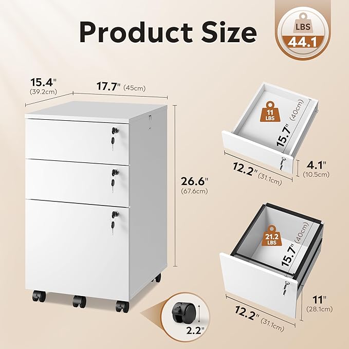 DEVAISE 3 Drawer Mobile File Cabinet with Individual Locks, Wood Filing Cabinet for Office, Under Desk Printer Stand with Wheels, Fits Letter/A4/Legal Size, White