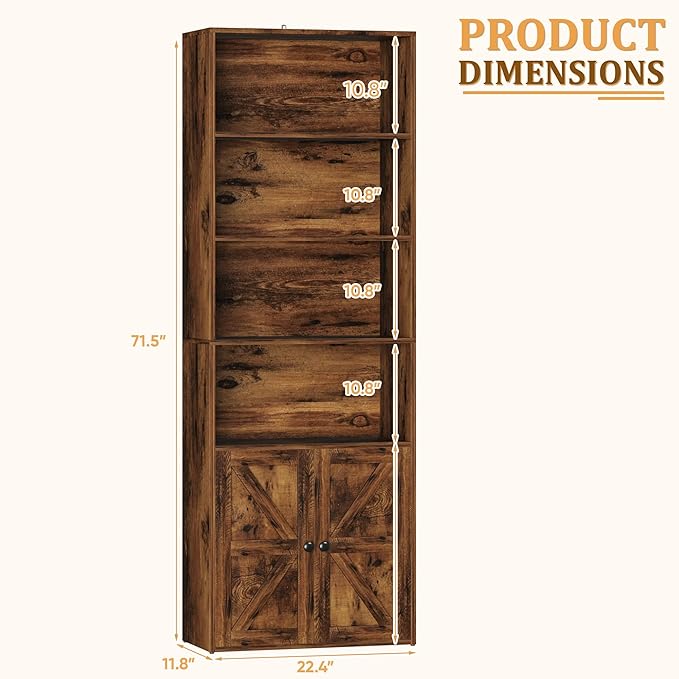 Furniwell Industrial Bookshelf and Bookcases with Doors Modern Bookshelf Cabinet Tall Book Shelves Storage for Home Office, Bedroom (Rustic Brown)