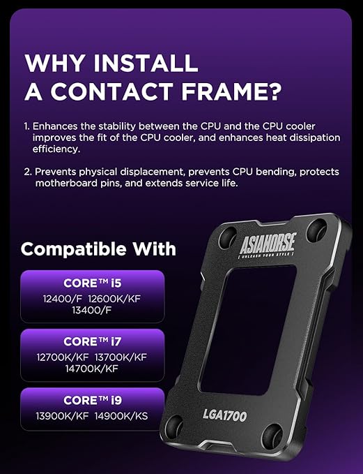 AsiaHorse LGA 1700 CPU Contact Frame, 100% Flush Anti-Bending Secure Frame for Intel CPU, High-Strength Metal Construction Compatible with H610/B660/Z690/Z790 Motherboards, Enhances Cooling Efficiency