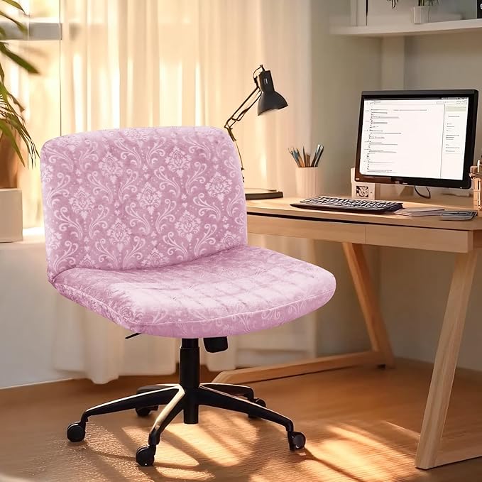 Criss Cross Chair Cover Pink Armless Chair Slipcover Office Desk Chair Covers Velvet Embossing Mid Back Wide Seat Accent Chair Covers for Computer Chairs and Vanity Chairs(Velvet-Pink)