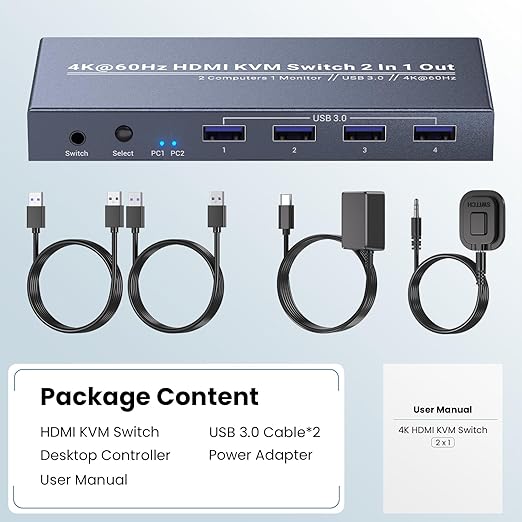 2 Port HDMI KVM Switch 1 Monitor 2 Computers, Control 2 PCs with 1 Set of Keyboard Mouse and 1 Monitor, 4K60Hz Support and USB 3.0