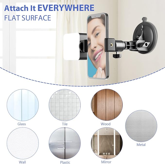 LenTok Suction Cup Mirror Phone Holder with Light, Travel Wall Phone Camera Mount for Makeup Content Creator Essentials, Mirror Tripod for Bathroom Kitchen Compatile with All Smooth Surface
