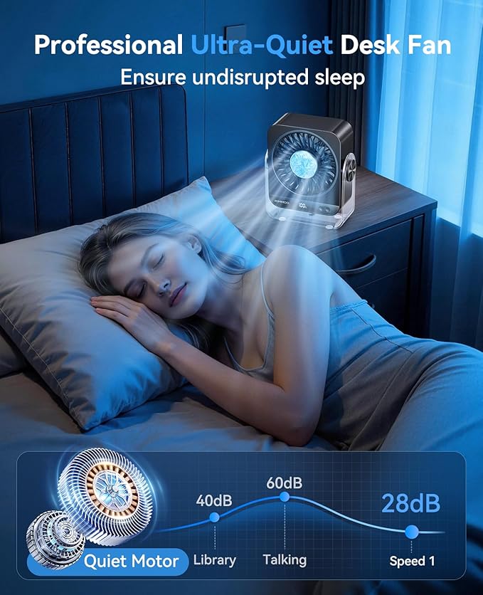 KIMMOO USB Desk Fan for Bedroom, 199 Speeds Turbo Airflow, Portable Fan with Ice Cooling, Digital Display Quiet Table Fan, 270° Rotating Small Rechargeable Battery Desktop Fans for Home Office (Black)