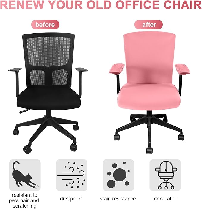 Tallew 4 Pcs Office Chair Covers Set Computer Universal Protective Stretchable Chair Seat Covers Desk Armrest Cover Pads Office Cushion Backrest for Rotating(Regular,Watermelon Pink)