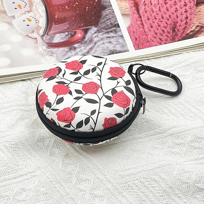 Earbud Case Headphone Organizer Ear Bud Case Portable EVA Carrying Box Storage Bag with Carabiner for AirPods Beats Bose Galaxy Buds 4/3/FE Data Cable Storage (Red Rose)