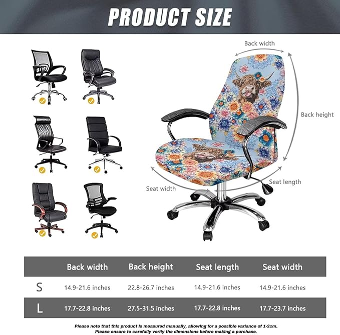 Talayituse Boho Mandala Highland Cattle Print Office Chair Covers, Stretch Computer Chair Cover, Universal Boss Chair Covers Modern Simplism Style High Back Chair Slipcover, Large