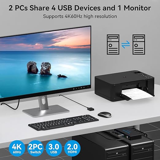 HDMI KVM Switch 1 Monitors 2 Computers 4K60Hz KVM Switches for 2 PC Share Single Monitor and 4 USB 3.0 Devices Such as Keyboard Mouse Printer with Desktop Controller and 2 USB Cables