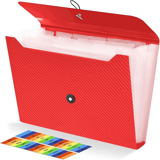 Expanding File Folder, 13 Pockets Accordian File Holder Organizer, A4 Letter Size Paper Document Receipt Organizer Accordion Filing Folder for Classroom, Home, Office and Travel, Red