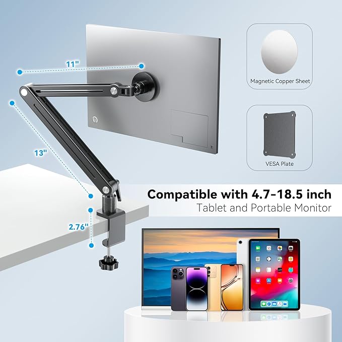 Jakeko Strong Magnetic Portable Monitor Desk Clamp - 75mm VESA Mount 8.3" 12.9" 15.6" 16" 17.3" 18.5 inch 360° Rotate Base Tablet Holder Arm JK07B1