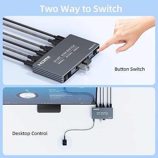4K@120Hz HDMI Kvm Switch 1 Monitors 2 Computers 8K@60Hz Monitor KVM Switches, 4 USB3.0 Ports for 2 PC Share Mouse Keyboard Support PoC EDID Button Switch Plug and Play Zero Latency