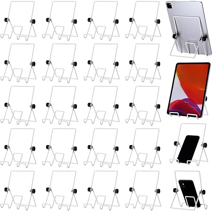 Kenning 24 Pack Adjustable Plate Stands for Display 7.1 Inch White Metal Foldable Easel Book Display Stands Bulk Decorative Plate Holders for Platter Frame Photo Tabletop Art(Four Corners)