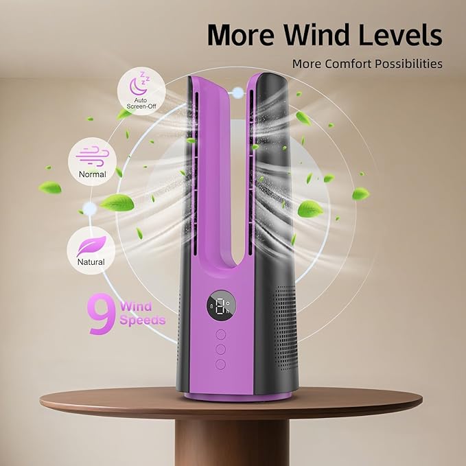 KONSIDEN Desk Fan, 13 Inch Portable Bladeless Fan, Small Quiet Table Fan with 60°Oscillating, 9 Speeds & 9H Timer, LED Display, Button Control, Easy to Clean, Personal Desktop Fan for Bedroom, Office