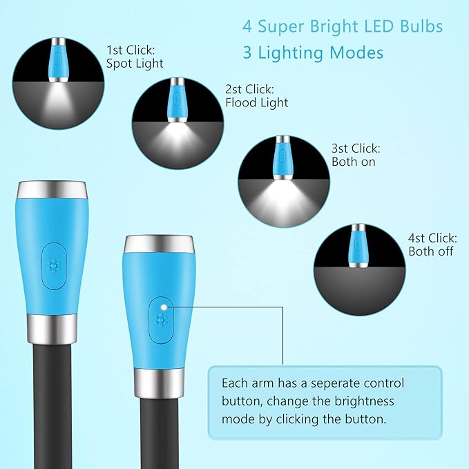 USB Rechargeable Neck Book Light for Reading in Bed, 4 LED Bulbs 4 Adjustable Brightness, Hands Free for Night Jogging or Mending Lamp (Blue)
