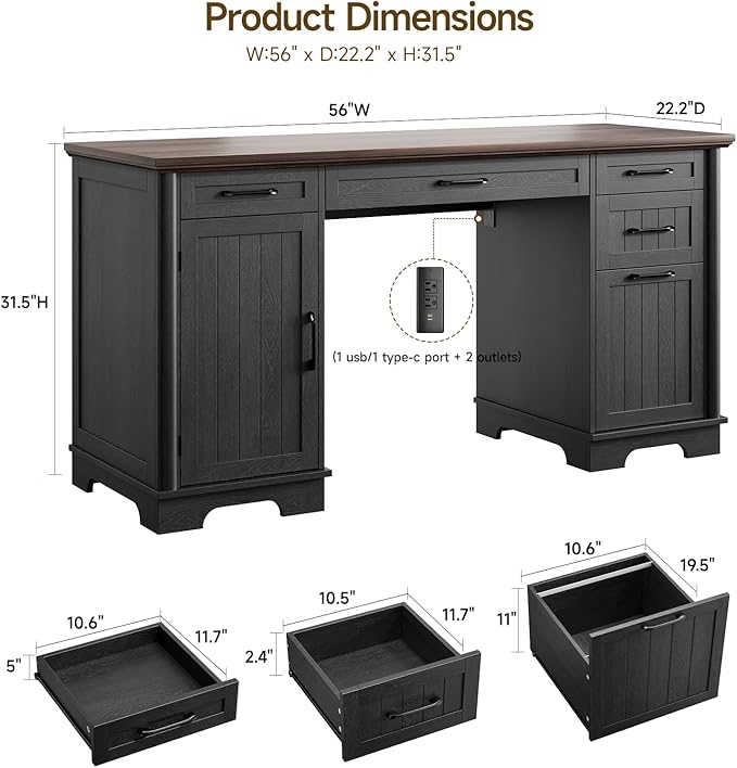 ONBRILL 56" Large Executive Desk with Drawers,Modern Farmhouse Home Office Desk with Charging Station, Wood Computer Writing Desk with File Drawer for Study Work Bedroom Living Room Black