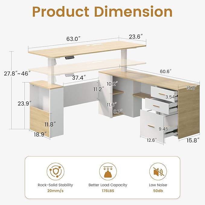 JOMEED 63" L Shaped Electric Standing Desk with Drawers, Executive Adjustable Height with Privacy Panel and Power Outlets(Oak and White)