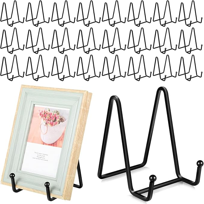 Therwen 24 Pack Plate Stands for Display Picture Frame 4.5 Inch Metal Iron Book Holder Table Top Display Stand for Home Offices Dish Artistic Work Art Decorative Mirror Platter(Black)