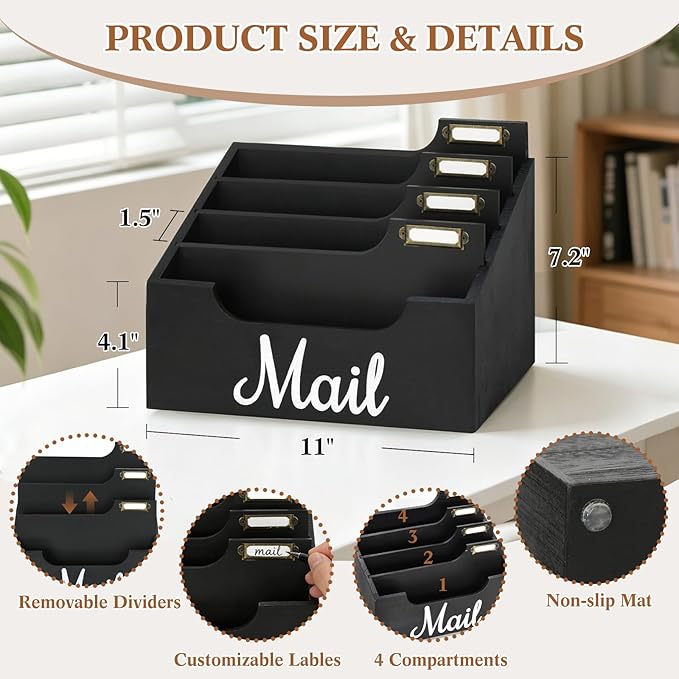 Rustic Wood Mail Organizer Countertop with 4 Slots, Black Mail Holder for Desk, Removable Dividers Mail Sorter, Letter Bill File Organizer for Home Office Classroom, Desktop Organizer with Free Labels